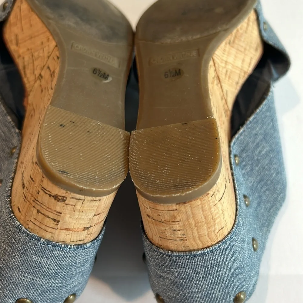 Crown Vintage Cork Wedge Blue Denim Stretch Studded Sandal Size 6.5